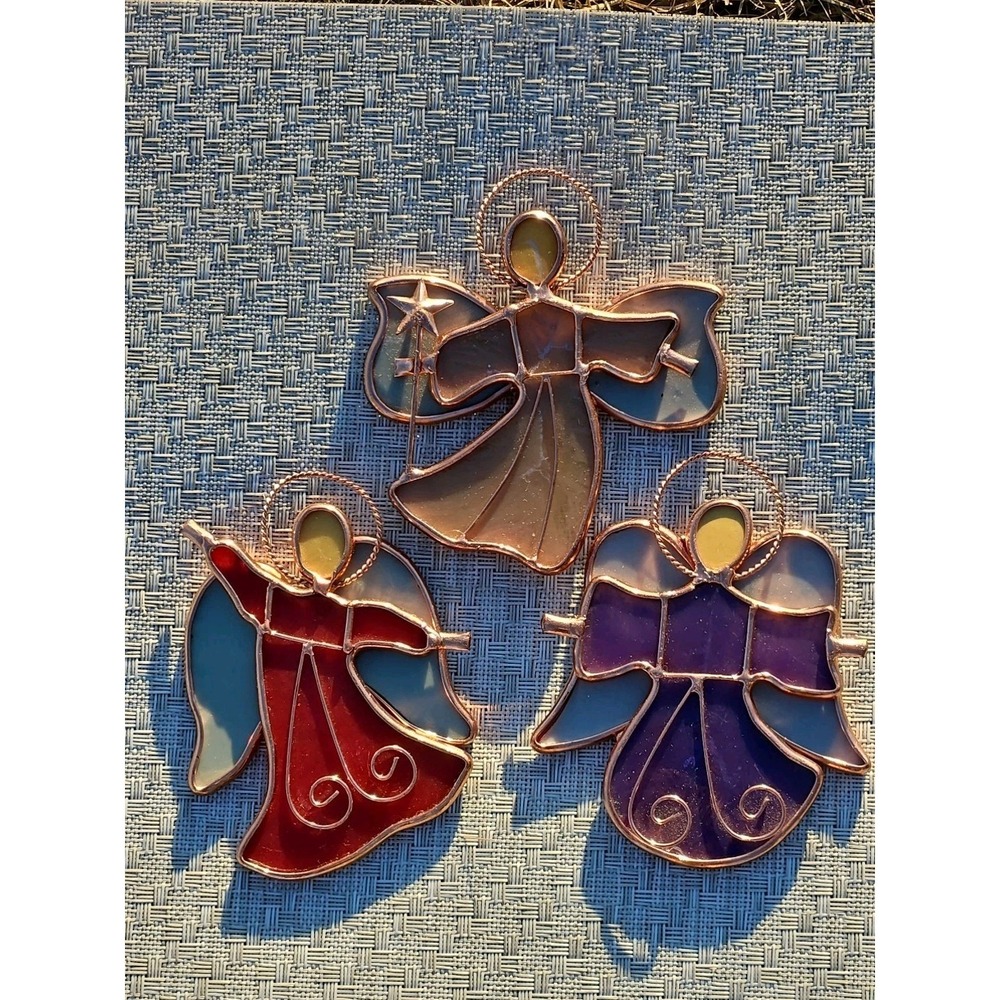 Set Of 3 Stained Glass Iridescent Halo Angel Suncatcher Window Ornament 4.5"